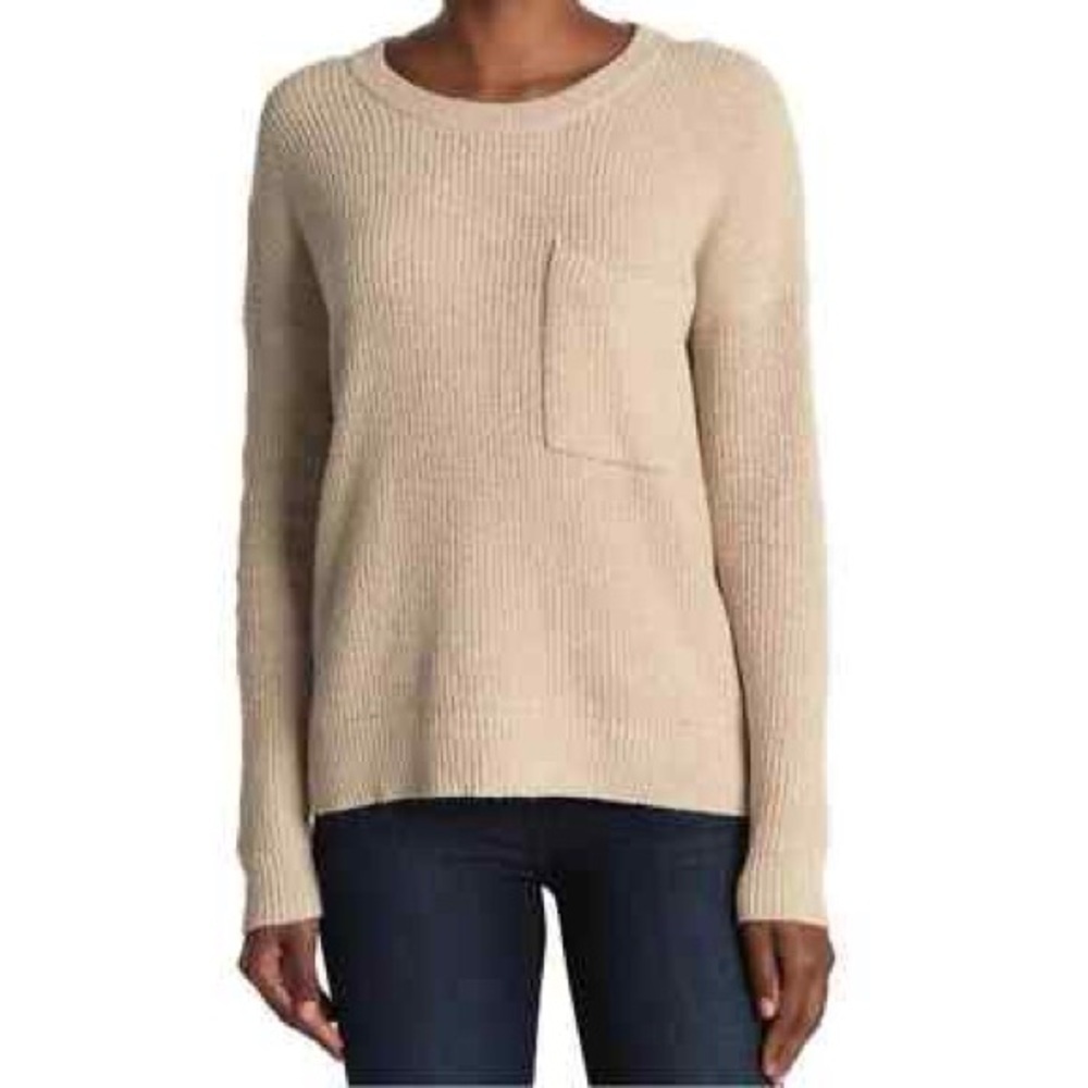 Madewell | Women’s Tan Ribbed Thompson Pullover Sweater, single breast pocket, S
